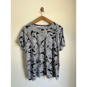 Croft & Barrow Black White Scoop Neck Paisley Cotton Short Sleeve Blouse 1X